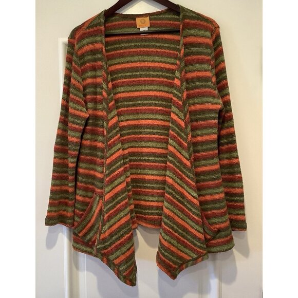 Ruby Rd Cardigan Sweater Size Medium Open Front Orange Green Striped Pockets - Picture 1 of 10